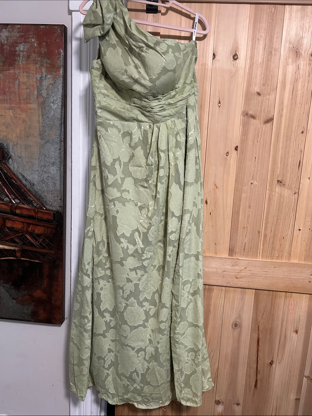 Sage Floral One-Shoulder Evening Gown with Shoulder Bow